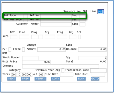 Screenshot of ifmis invoice accs screen with rectangle around ref type, ref no, and seq fields