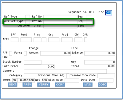 Screenshot of ifmis invoice accs screen with rectangle around aux ref type, ref no, and seq fields