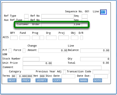 Screenshot of ifmis invoice accs screen with rectangle around customer order and line fields