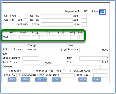 Screenshot of ifmis invoice accs screen with rectangle around accs fields: BFY, Fund, Prog, Org, Proj, Obj, D/R