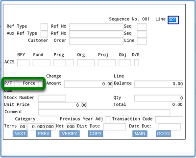 Screenshot of ifmis invoice accs screen with rectangle around P/F and force fields