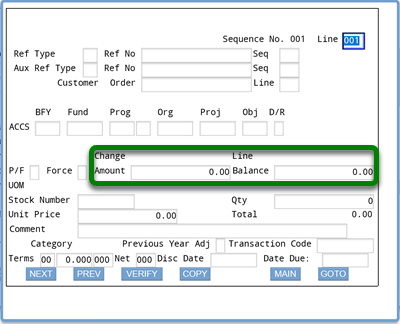 Screenshot of ifmis invoice accs screen with rectangle around change amount and line balance fields with default 0.00 entries