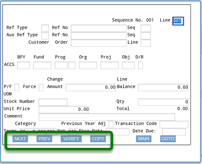 Screenshot of ifmis invoice accs screen with rectangle around the buttons at the bottom of the screen: NEXT, PREV, VERIFY, and COPY