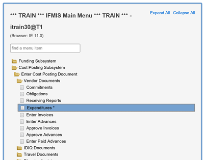 Screenshot of IFMIS Main Menu folder structure showing path Cost Posting Subsystem>Enter Cost Posting Document>Vendor Documents>Expenditures