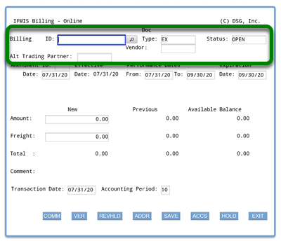 Screenshot of ifmis expenditures/billing main screen with rectangle around the following fields and default entries: billing id, doc type (ex), status (open), vendor, and alt trading partner