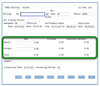 Screenshot of ifmis expenditures/billing main screen with rectangle around amount, freight and total lines with columns new, previous, and available balance