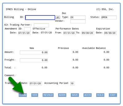 Screenshot of ifmis expenditures/billing main screen with arrow pointing to COMM button at bottom of screen