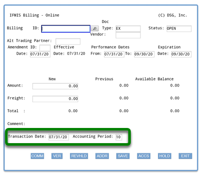 Screenshot of ifmis expenditures/billing main screen with rectangle around transaction date and accounting period fields with default entries populated by system