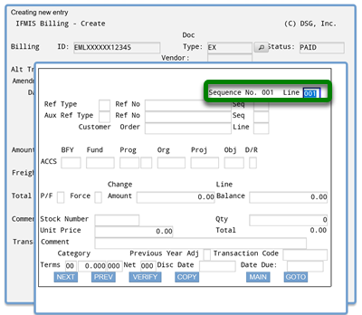 Screenshot of ifmis expenditures ACCS screen with rectangle around sequence no and line fields; both contain default entry 001