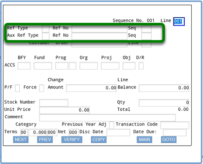 Screenshot of ifmis expenditures ACCS screen with rectangle around ref type, ref no, seq, aux ref type fields