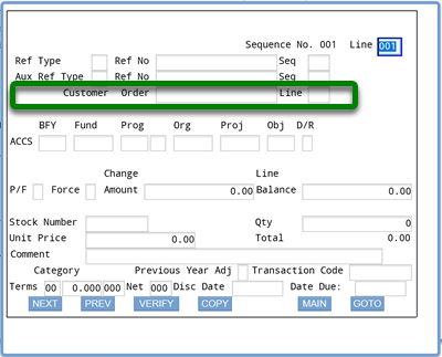 Screenshot of ifmis expenditures accs screen with rectangle around customer order and line fields