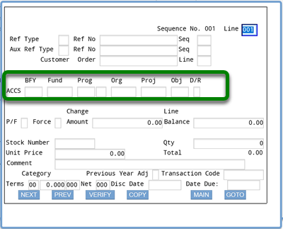 Screenshot of ifmis expenditures accs screen with rectangle around accs line and fields: BFY, Fund, Prog, Org, Proj, Obj, and D/R