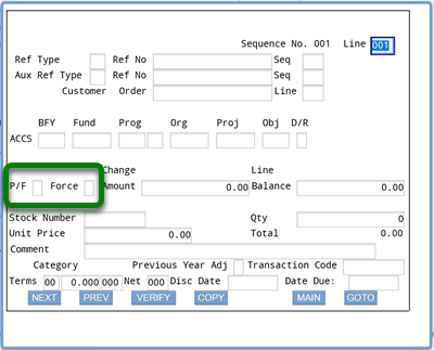 Screenshot of ifmis expenditures accs screen with rectangle around p/f and force fields