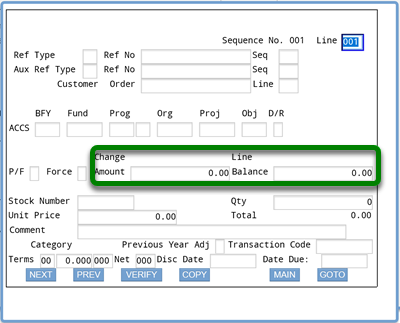 Screenshot of ifmis expenditures accs screen with rectangle around change amount and line balance fields with default entries 0.00