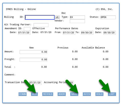 Screenshot of ifmis expenditures accs screen with arrows pointing to VER, SAVE, and EXIT buttons at bottom of screen