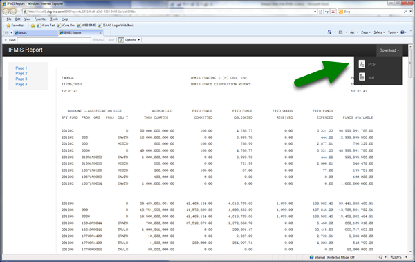 Screenshot of IFMIS report with arrow pointing to the download options (PDF and TXT) in the far right corner