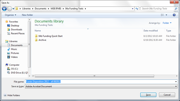 Screenshot of Save As Documents library window in which the Funds Disposition 2012 - all 082012 file is being saved as a PDF (Adobe Acrobat Document)