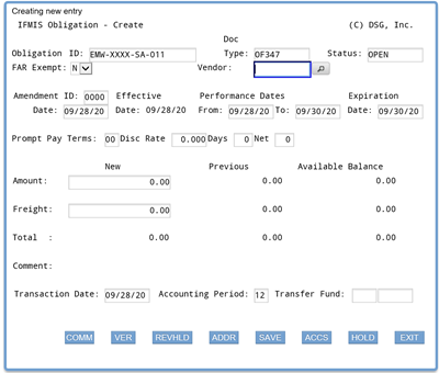 Screenshot of ifmis obligation main screen; Obligation ID entry is EMW ...