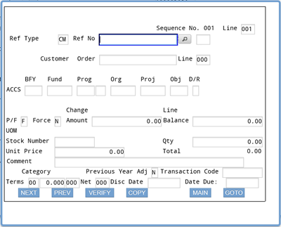 Screenshot of ifmis obligation ACCS screen; Sequence No and Line are 001; Ref Type is CM, and cursor is at ref no field