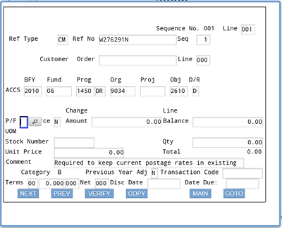 Screenshot of ifmis obligation ACCS screen with cursor at the P/F field; previous entries completed with commitment reference number identified as W276291N, Seq 1, and ACCS 2010 06 1450 DR 9034 2610 D