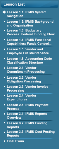 Lesson List - active arrow at Lesson 1.1: IFMIS System Navigation