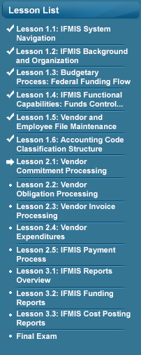 Lesson List - Completed checkmark before previous lessons, including Lesson 1.6: Accounting Code Classification Structure and active arrow at Lesson 2.1: Vendor Commitment Processing