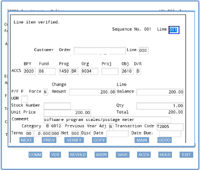 Screenshot of completed IFMIS ACCS screen with entries from previous exercise questions, ACCS screen is open in front of the main Commitment screen showing the ACCS buttons, including the MAIN button; the following main Commitment screen buttons are visible: COMM, VER, REFHLD, ADDR, SAVE, ACCS, HOLD, and EXIT