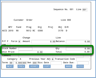 Screenshot of IFMIS ACCS screen with a rectangle around the Stock Number, Qty, Unit Price, and Total fields; stock number would be left blank based on this exercise; Qty and Unit Price would be completed and the system would calculate the Total; default entries for Qty, Unit Price, and Total are 0.00 until completed