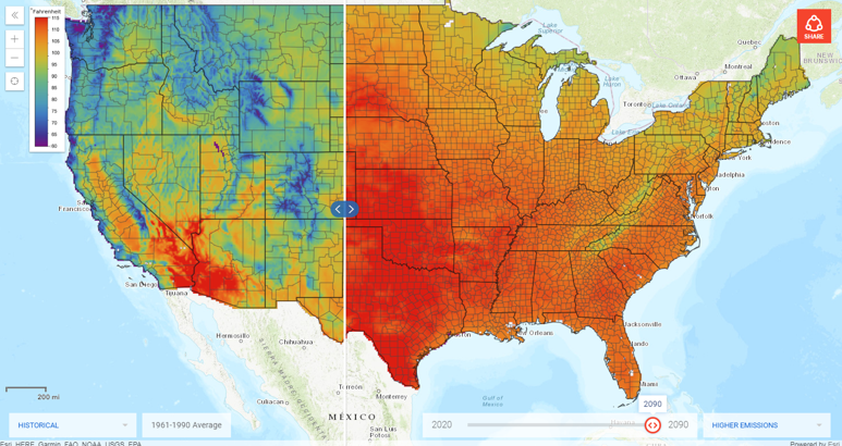 Average temperature historical comparison map of the United States.