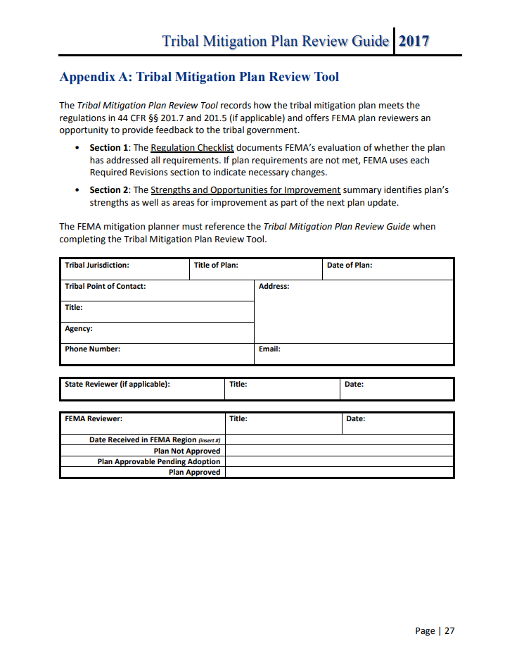 A Sample Blank Page of Tribal Mitigation Plan Review Tool: Appendix A: Section 1: Regulation Checklist and Section2: Strengths and Opportunities for Improvement. It is part of the Tribal Mitigation Plan Review Guide
