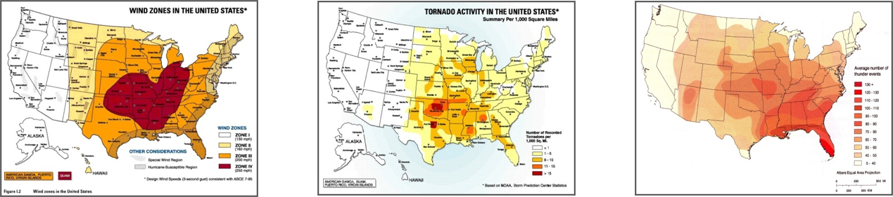 Photograph of three maps showing areas and locations effected by hazards. The first map shows four wind zone hazards, the second map shows numbered of recorded tornados and thunders. Summary per 1,000 square miles.  The third map shows average of thunder events. The multi-hazard identification and risk assessments report was prepared in 1997. These maps help to describe low- and high-risk areas.