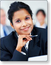 smiling woman at a computer