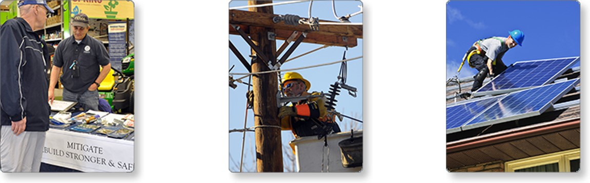 Collage of three images: Two men standing and talking, a man working on a utility pole, and a man installing solar panels on a roof.