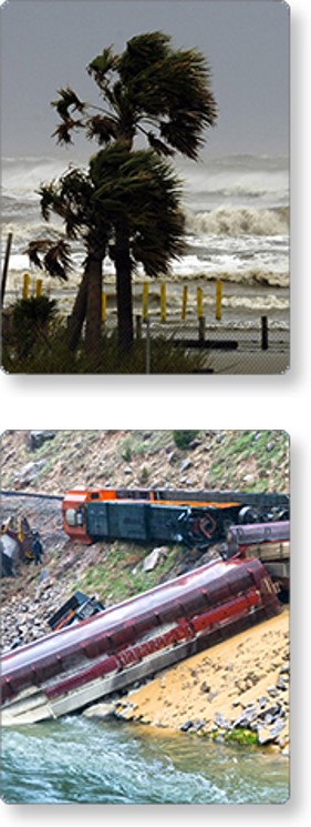 Collage of two images: Palm trees blowing in the wind along a coastline, and a derailed train.