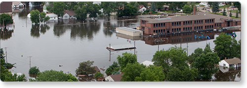 Aerial view of a flooded neighborhood.