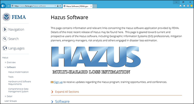 Screenshot of the FEMA Hazus Software web page.