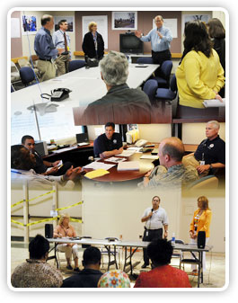 Photo collage of meetings with the Federal Coordinating Officer at the JFO.