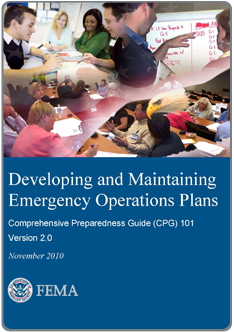 Cover of the document Comprehensive Preparedness Guide (CPG) 101 version 2.0 with the title Developing and Maintaining Emergency Operations Plans dated November 2010.