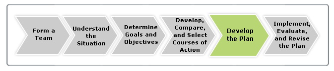 Graphic showing the planning process steps. The step Develop the Plan is highlighted and all other steps are grayed out.