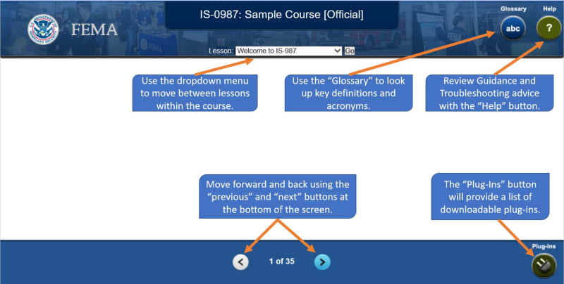 Captura de pantalla de la estructura del curso con el sello de DHS, el logotipo de FEMA y el modelo del curso del Instituto para el Manejo de Emergencias IS-0000. Haga click en cerrar para salir del curso; revise la guía y los consejos para la solución de problemas con el botón de ayuda; use el glosario para buscar definiciones y acrónimos clave; use el menú desplegable para moverse entre las lecciones dentro del curso; avance y retroceda usando los botones anterior y siguiente en la parte inferior de la pantalla; el botón de plug-ins proporcionará una lista de plug-ins descargables.