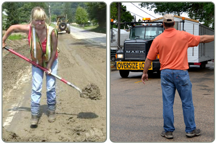 worker shoveling mud - man directing truck