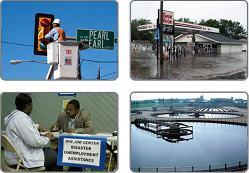 Images of person working on stop light, flooded gas station, unemployment office at disaster and water treatment facility