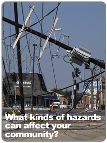 Toppled electrical lines with the caption, “What kind of hazards can affect your community?”