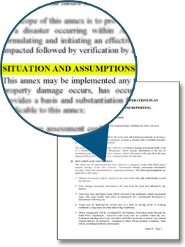 Magnifying glass enlarging the phrase, “Situation and Assumptions.”