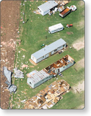 Aerial view of damaged mobile homes helps to assess extent of damage and estimate the amount of debris.