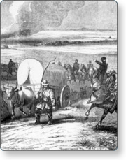Train of wagons, horses, and colonists