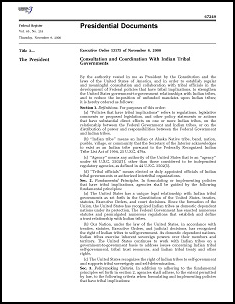 First page of Executive Order 13175, Consultation and Coordination with Indian Tribal Governments, November 6, 2000.