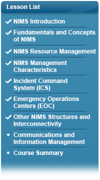 Checkmark next to NIMS Introduction, checkmark next to Fundamentals and Concepts of NIMS, checkmark next to NIMS Resource Management, checkmark next to NIMS Management Characteristics, checkmark next to Incident Command System, checkmark next to Emergency Operations Centers, checkmark next to Other NIMS Structures and Interconnectivity, bullet next to Communications and Information Management, bullet next to Course Summary.