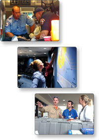 Three picture collage of emergency personnel including: EMTs, Emergency Responder looking at map, and disaster workers talking.