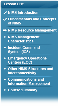 Checkmark next to NIMS Introduction, checkmark next to Fundamentals and Concepts of NIMS, arrow next to NIMS Resource Management, bullet next to NIMS Management Characteristics, bullet next to Incident Command System, bullet next to Emergency Operations Centers, bullet next to Other NIMS Structures and Interconnectivity, bullet next to Communications and Information Management, bullet next to Course Summary.